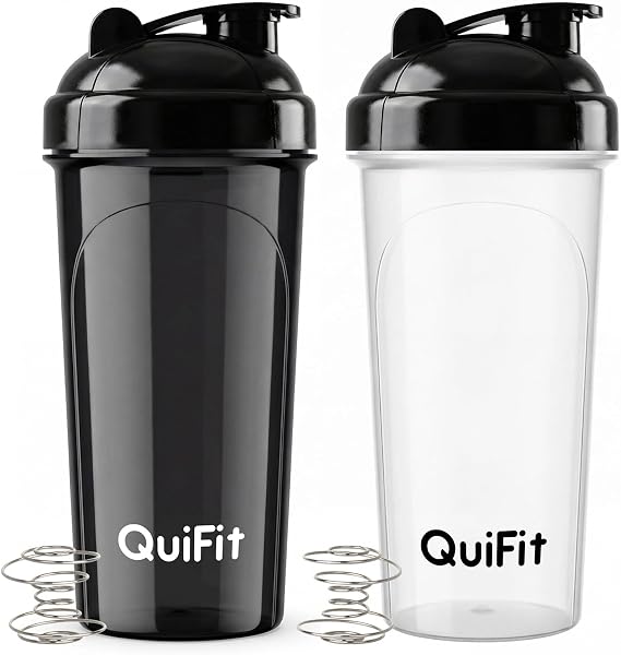 QuiFit Protein Shaker Bottle 2 Pack, 700ML Shaker Water Bottle with Stainless Steel Mixing Ball, Shaker Cup for Supplement Powder Smoothie, Lump-Free BPA Free Dishwasher Safe (Black+Clear)