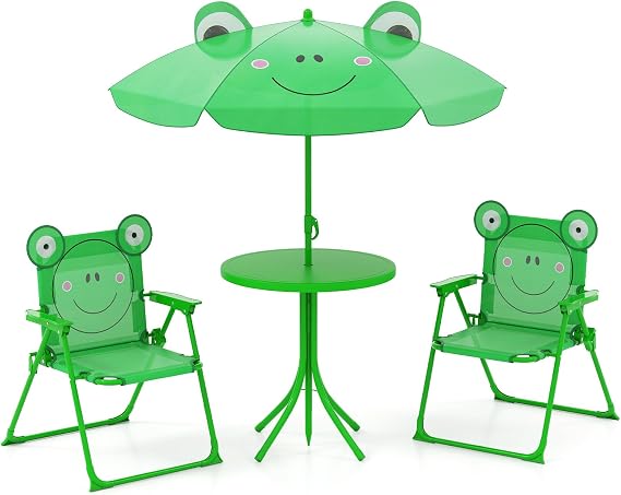 KOTEK Kids Picnic Table with Umbrella, Outdoor Table & 2 Folding Chairs, Cute Pattern Childrens Patio Furniture, Portable Kids Table and Chair Set for Backyard, Garden, Beach (Green)