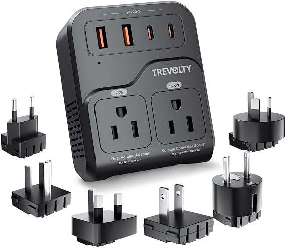 2000W Voltage Converter US to Europe, 220V to 110V Converter for Hair Dryer, 7-in-1 European Travel Plug Adapter with 3AC/2USB-A/2USB-C (PD20W), Travel Essentials