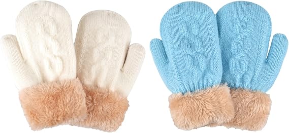 FENELY 2 Pairs Kids Winter Knit Gloves Boys Girls Warm Thermal Cable Knitted Gloves 2-6-10-14 Year Wool Fleece Lined Mittens