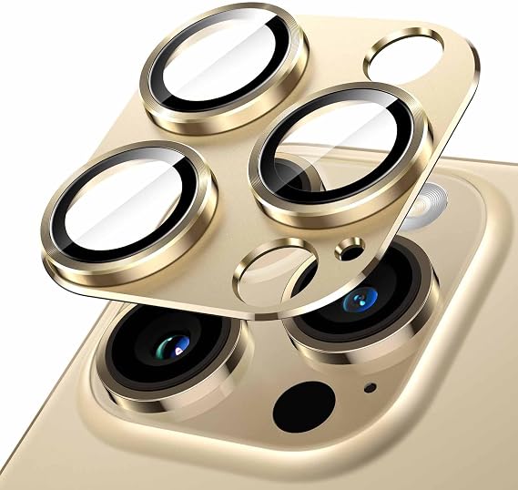 HARVORTEZ iPhone 14 Pro / 14 Pro Max ile Uyumlu Tek Parça Alüminyum Kamera Lens Koruyucu - Darbeye Dayanıklı, Güçlü Yapışkanlı, Kılıf Dostu Metal Temperli Cam Kamera Kapağı - Altın