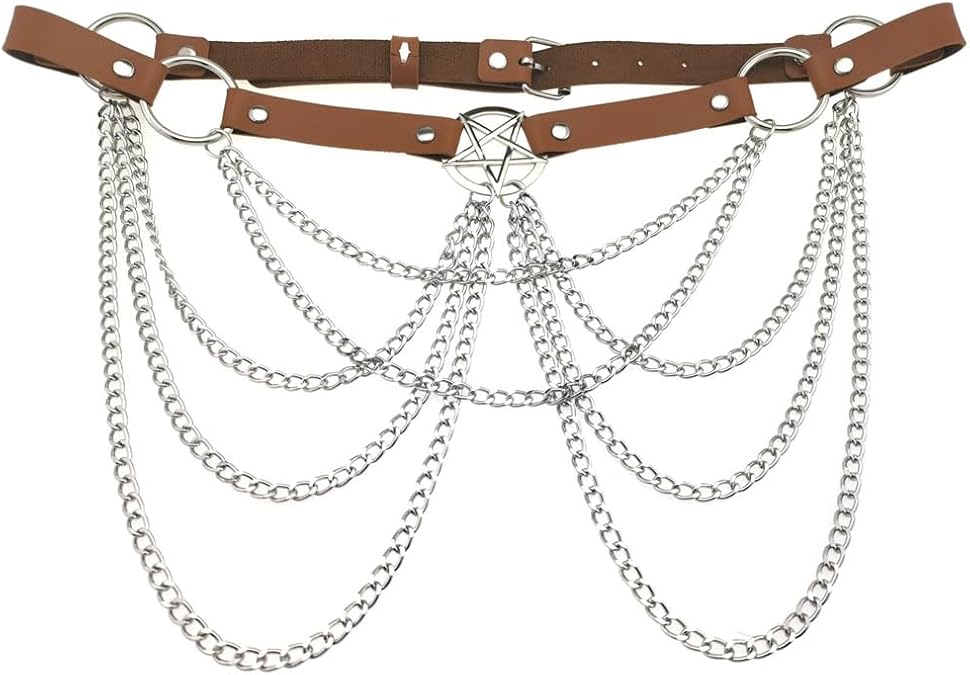 Punk Leather Waist Chain Belt, Layered Belly Chains Harness Body Chain Ring