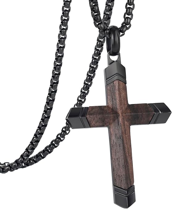 Wooden Cross Necklace for Men with Stainless Steel Adjustable Chain 24-26in, Christian Wood Crucifix Pendant Gift for Him