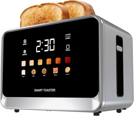 Toaster Touch Screen Toaster 2 Slice with LCD Display Stainless Steel Digital Timer Toasters 6 Bread Types& 6 Shade Settings Smart Extra Wide Slots Tostadora With Bagel Cancel,Defrost Functions