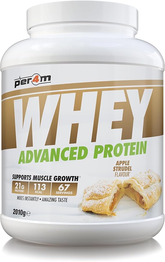Per4m Whey Protein Powder | High Protein Shake for Muscle Growth & Recovery | Low Sugar Gym Supplement | Sports Nutrition Drink + Amino Acids (2010g, Apple Strudel)