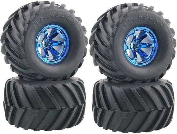 4PCS 1/10 RC Monster Truck Wheel and Tire Set,135MM Rubber Tyres and 6 Spoke Plastic Wheel Rims Parts for HSP HPI Tamiya Kyosho Truggy Car(Blue)