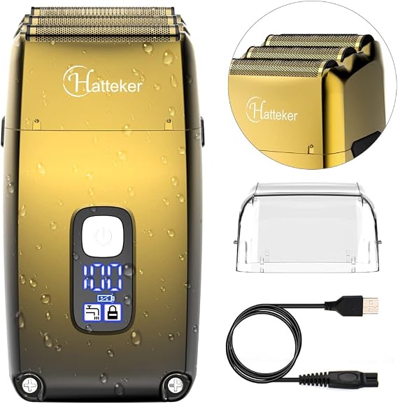 Hatteker Foil Head Shaver Triple Blades Electric Shaver Razor for Men Close Bald Head Barber Trimmer Waterproof Wet & Dry, Cordless, Gold