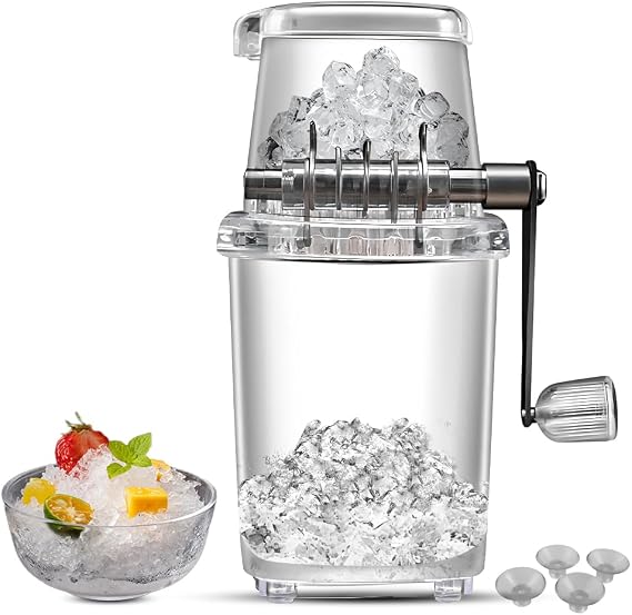 Hand Ice Crusher Machine for Home Use with Stainless Steel Blades and Suction Base Manual Hand Crank Ice Breaker BPA Free Transparent Portable Ice Crusher for Creating Drinks Ice Platters Cocktail
