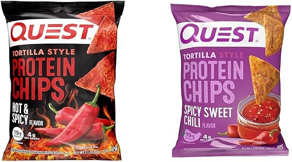 Quest Nutrition Tortilla Style Protein Chips, Hot & Spicy, 19g of Protein, 4g Net Carbs, Gluten Free, 1.1 Ounce (Pack of 12) & Tortilla Chip Spicy Sweet Chili, 1.1 Ounce (Pack of 12)