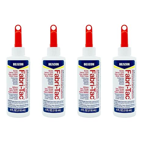 BEACON Fabri-Tac Premium Fabric Glue - Quick Drying, Crystal Clear, Permanent - for Fabrics, Canvas, Lace, Wood and More, 4-Ounce, 4-Pack