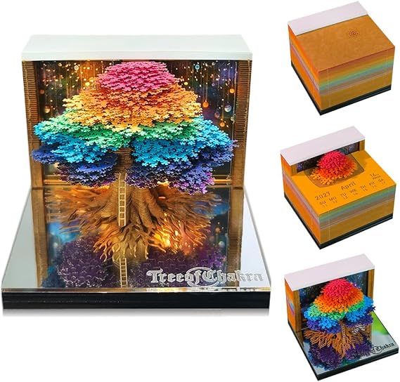 3D Calendar 2027 3D Notepad 3D Calendar Tear Off Desk Calendar Notepad with Light Paper Carving Desktop Ornament with Crystal Clear Display Box for Christmas Housewarming Tree of Life