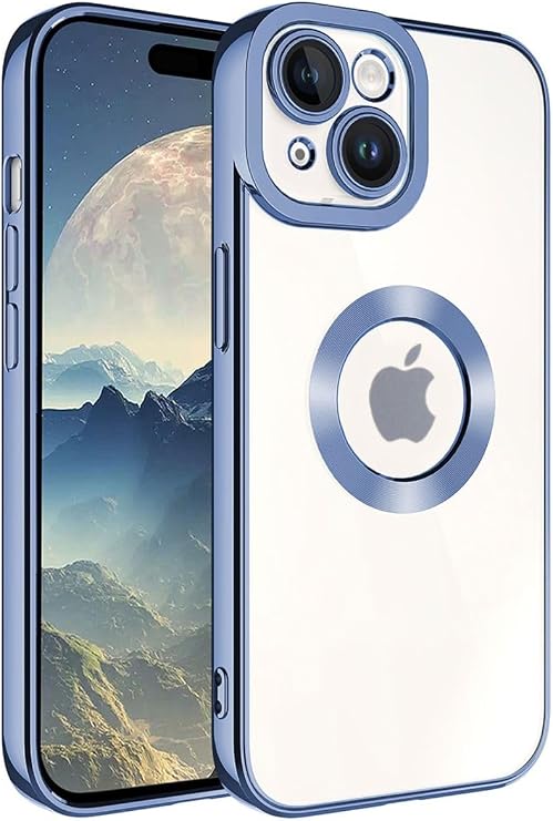 KZY İletişim Apple iPhone 15 ile uyumlu Kapak ile uyumlu Yanları Renkli Lens Korumalı Logo Gösteren Şeffaf Luxury Silikon Kılıf - Mavi