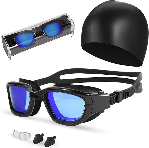 Swim Goggles, Goggles Adult with Swimming Cap, Nose Clip & Ear Plugs, UV Protection Anti-Fog Lens and Case for Adult