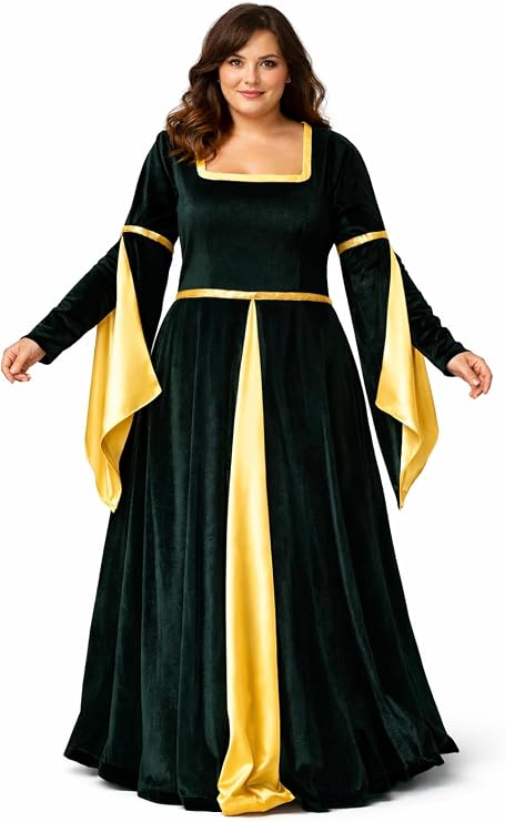 Women's Renaissance Gown Royal Costume Halloween Dress - Satin Panel & Arm Tippets, Floor Length