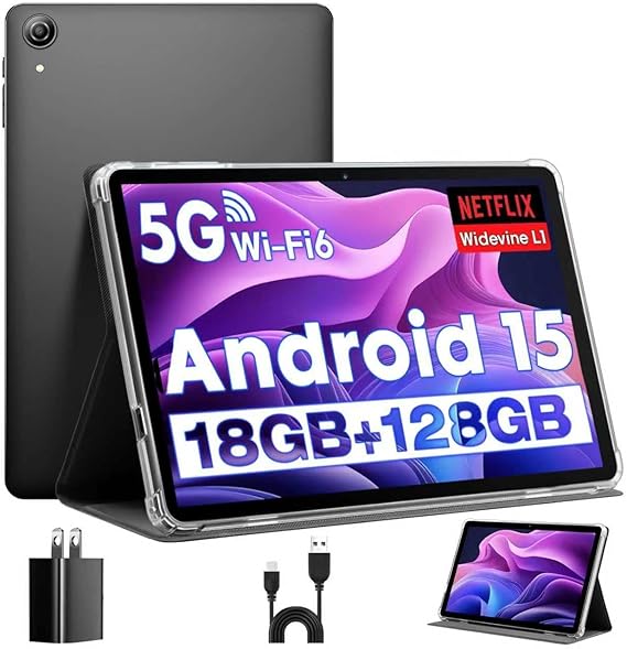 Android Tablets 10 Inch Tablet Android 15 Tablet, Octa-Core, 18 GB RAM+128 GB ROM+1 TB Expand, 1280x800 IPS Display, Tablets for Adults, Widevine L1, GPS, 2.4G/5G WiFi, 5MP+8MP Camera, BT5.4, Black