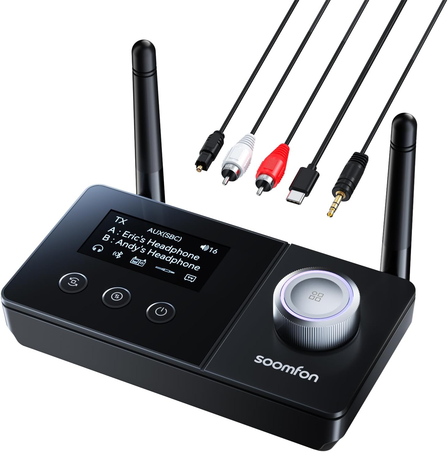 SOOMFON Bluetooth 5.3 Transmitter Receiver for TV, 3-IN-1 Wireless Audio Transmitter with Optical/3.5mm Aux Support 30M Range, Volume Control, Dual Link Bluetooth Adapter for TV, Home Stereo