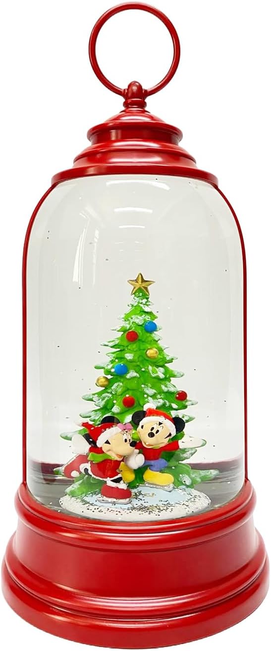 Disney Christmas Water Spinning Snow Globe Lantern Moments In Time 12.32H LED Lighted Glitter Christmas Tree with Mickey & Minnie Skating Scene Timer Function Battery Operated