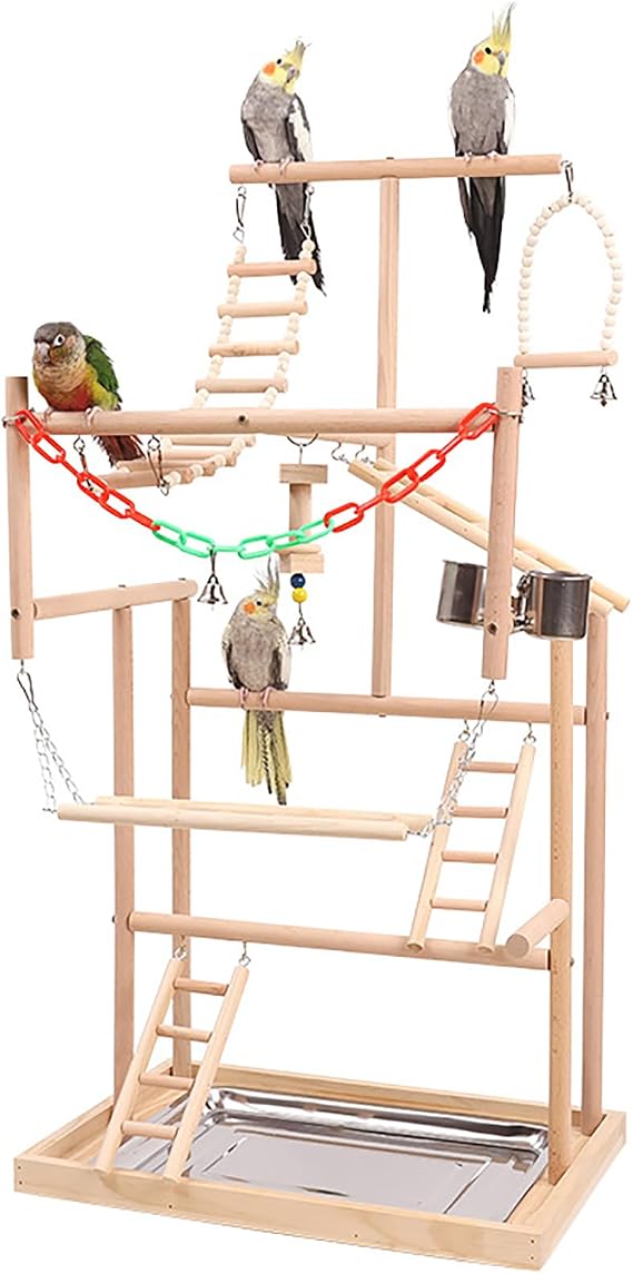 Bird playground, Bird perch, Budgie playground, Parrot perch, Parrot stand, Wood Perch Gym Playpen Ladder with Feeder Cups Toys Exercise Play(48 * 33.5 * 94.5CM)