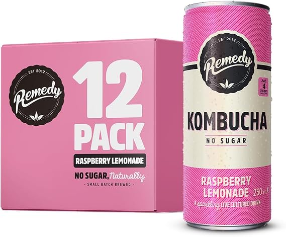 Remedy Kombucha Tea - Raspberry Lemonade - Sparkling Live Cultured Drink - Naturally Sugar Free Soft Drink - Prime Probiotic Drink for Gut Health - 12 x 250ml