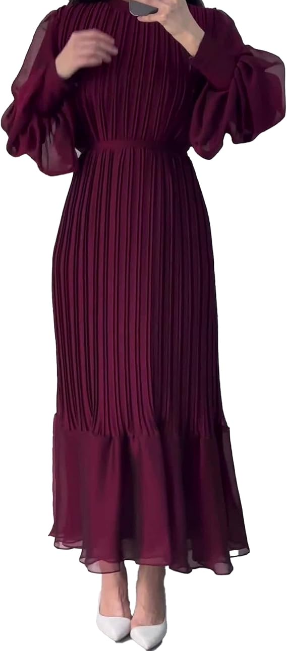 Sexyshine Women's Mock Neck Bell Sleeve Ruffle Pleated Chiffon Maxi Dress | Elegant High Waist A Line Flowy Long Dress with Belt Casual Swing Cocktail Party Evening Holiday Wedding Formal Dresses