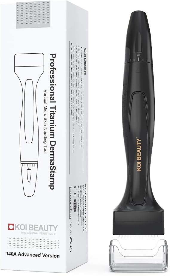 KOI BEAUTY Derma Stamp - 140 Real Needles, Professional Microneedling for Home, Titanium Dermastamp for Scalp Hair Beard Face & Body, Derma Roller & Derma-Pen Alternative for Men Women