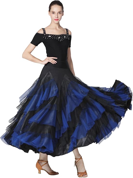 Z&X Ballroom Latin Dance Skirt 6 Tiered Color Block Long Swing Lyrical Flamenco Dance Party Skirts for Women