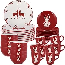 Christmas Crockery 32 Pc Christmas Dinner Set Dishwasher/Microwave Safe Red & White Hand Painted Stoneware Crockery Dinner Service for Eight - 8 Place Settings of Mug, Bowl, Side Plate & Dinner Plate