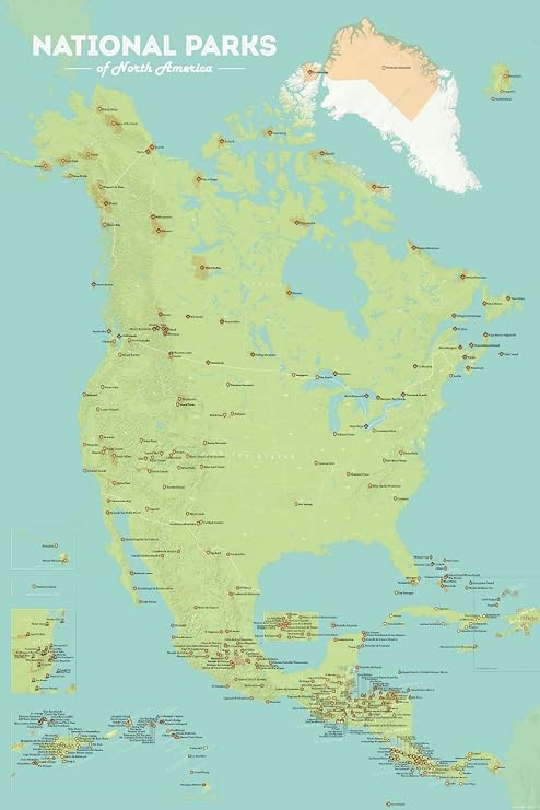 North America National Parks Checklist Map 24x36 Poster (Green & Aqua)