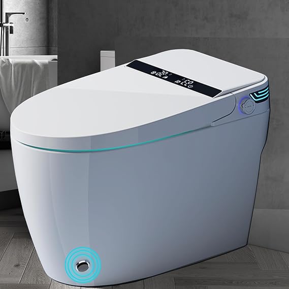 SPOWAY Smart Toilet, Elongated One Piece Bidet Toilet with Bidet Built In, Tankless Smart Bidet Toilet with Auto Open Close, Foot Sensor, Heated Seat, LED Display, Night Light, Dual Flush