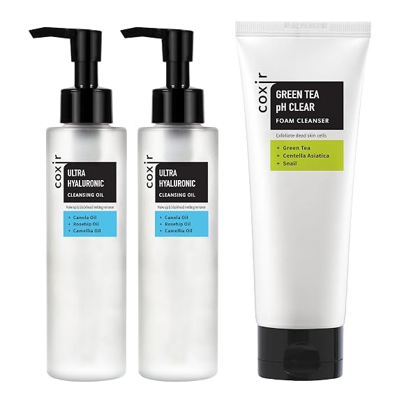 coxir ULTRA HYALURONIC CLEANSING OIL 5.07 fl.oz (2 Pack) + GREENTEA pH CLEAR FOAM CLEANSER 5.07 fl.oz | Double Cleansing Duo | Korean Skincare Set with Hyaluronic Acid & Green Tea | Hydrating & pH-Bal