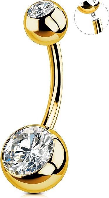 OUFER G23 Solid Titanium Belly Bar Balls Gold Belly Button Bar 14G Internally Threaded 10 12 14 16mm Extra Long Navel Piercings Barbell Double Clear CZ Gem 1.6mm No Dangle Belly Ring Jewellery Gift