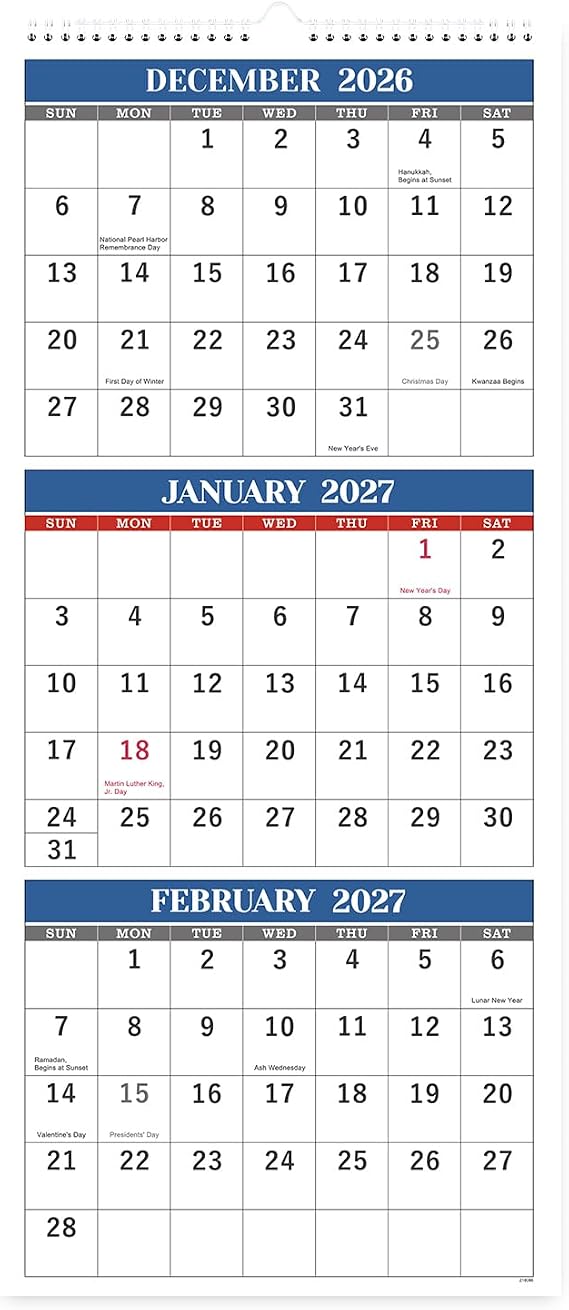 2027 Wall Calendar - 3 Month Calendar, 11" x 26", JAN.2027 - DEC.2027