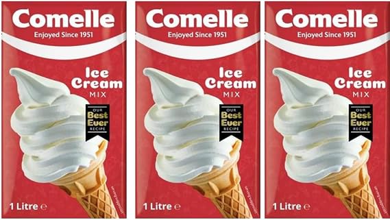 Comelle Ice Cream Mix Vanilla Soft Serve | Instant Ready to Freeze | UHT | Long Life Dairy Skimmed Milk | Sundea Mousse Dessert Shake | (With Lucky Boy Greetings Card) (3x1Lt)