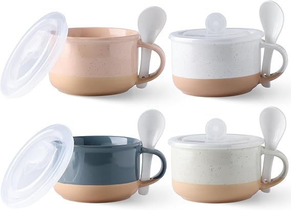 GBhome Ceramic Soup Mugs with Handles and Lids,24 OZ Soup Cups Set of 4