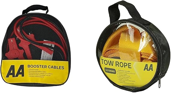 AA Insulated Booster Cables/Jump Leads AA4550 - For Petrol/Diesel Engines Up to 3000cc, 3 m Cable, Storage Bag & 3.5T 4 m Heavy - Duty Tow Rope AA6202 - Yellow Strap-Style Towing Belt for Car