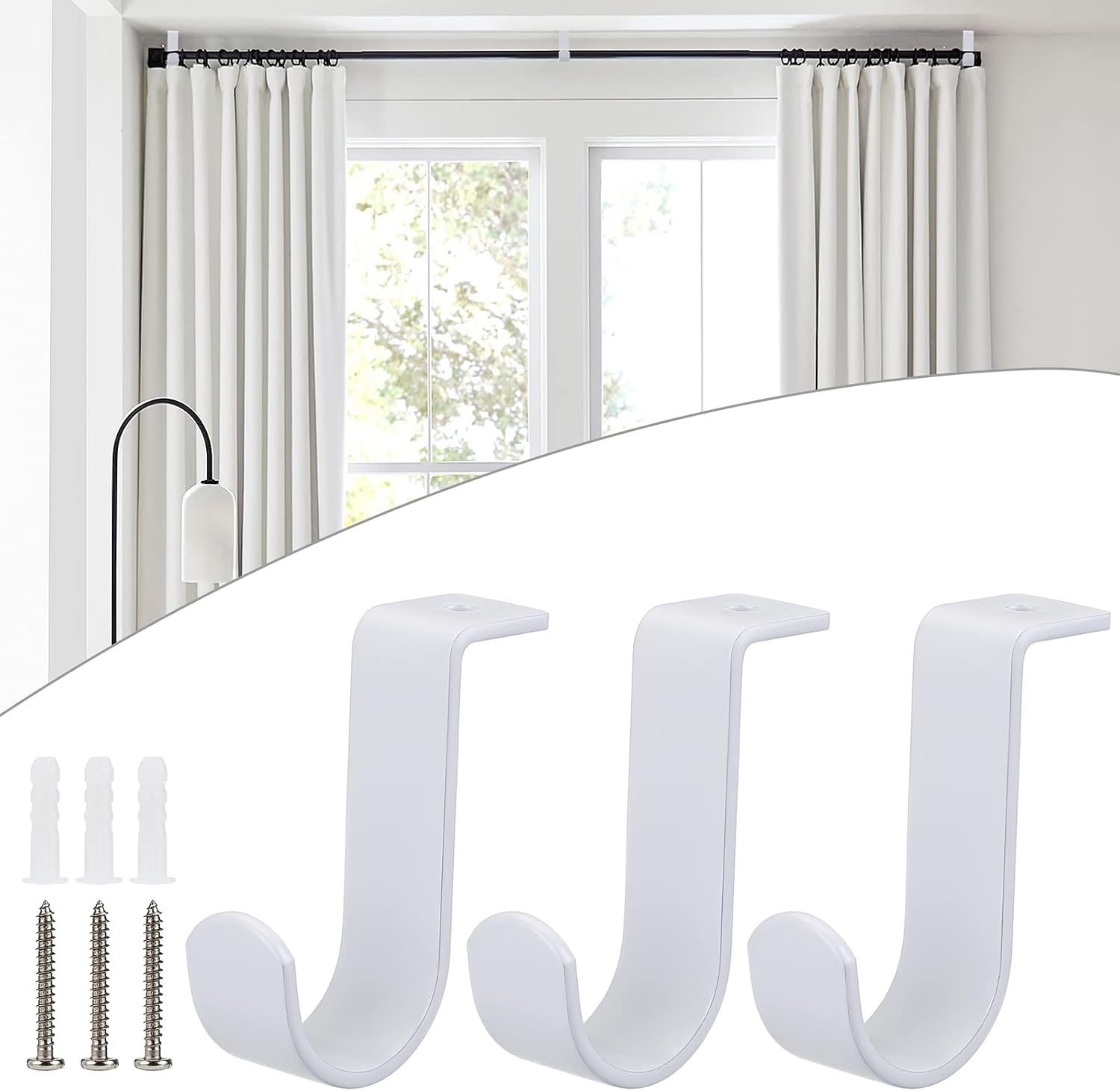 BTSKY 3 Pack Metal Ceiling-Mounted Curtain Rod Brackets for 25mm Rod - Drapery Rod Hanging Holders Curtain Pole Holders Curtain Rail Brackets, White