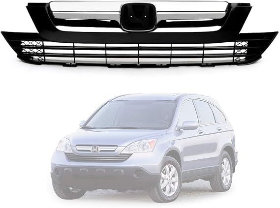 Front Upper & Lower Grille Chrome Bumper Grill Compatible with Hon&da CR-V 2007 2008 2009