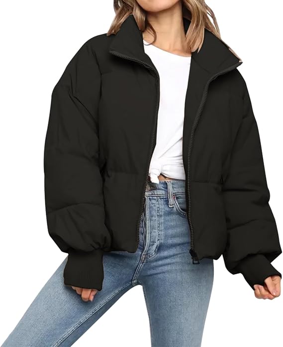 SXGYH Womens Winter Cropped Puffer Jacket Coat Casual Quilted Baggy Long Sleeve Zip Down Jackets Outerwear