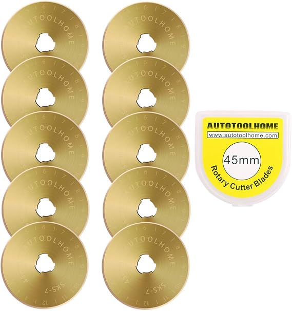 Titanium Rotary Cutter Blades 45mm 10 Pack Replacement Blades for Fabric | Titanium coated SKS-7 steel blade Smooth Cutting in Quilting Sewing Scrapbooking for Paper Arts Crafts DIY Sharp and Durable