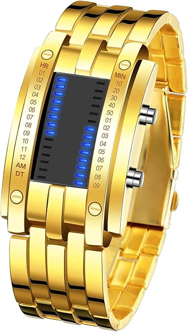 MASTOP Men's Digital Watch Binary Time LED Display Waterproof Stainless Steel Stopwatch Sport Army Watches (Black)