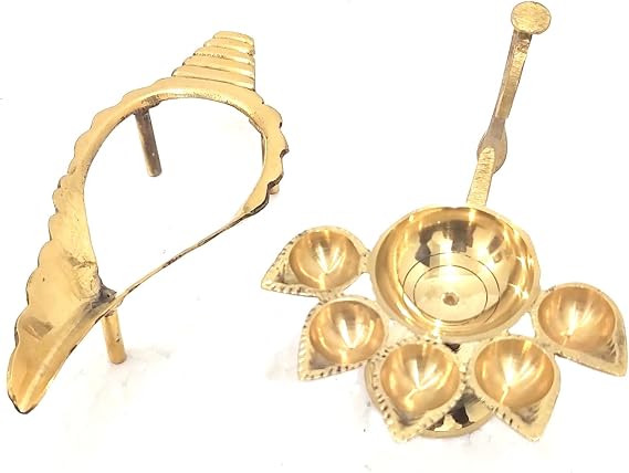Shank Stand with Brass Panch Aarti Lamp Pancharti Diya Oil Lamp Panch aarti Jyoti Puja Diya Size 5 inch
