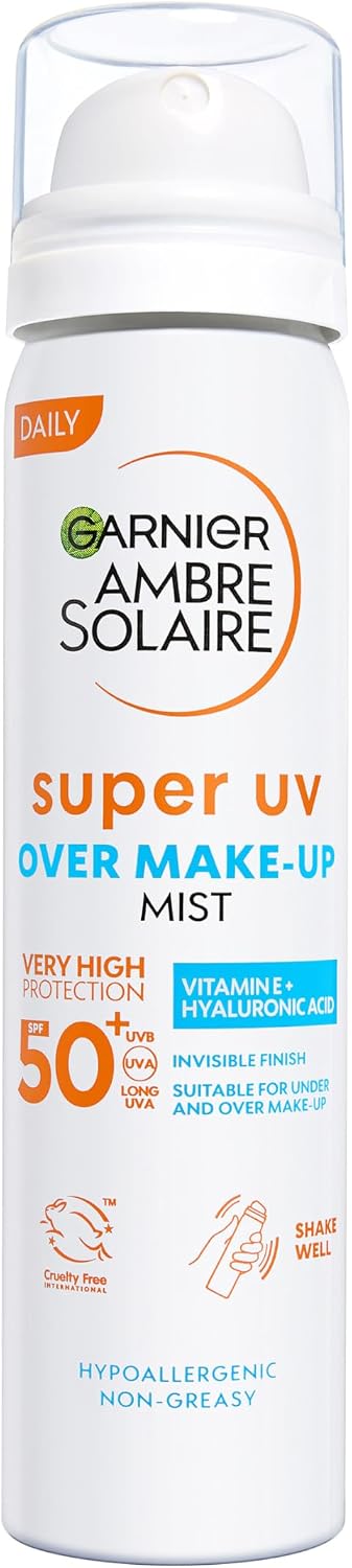 Garnier Ambre Solaire Over Makeup Super UV Protection Mist SPF50 75 ml with Hyaluronic Acid and Vitamin E, light texture, invisible finish, non-greasy spray, protects & hydrates skin