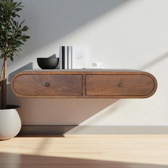 Floating Console Table Chestnut Solid Wood 2-Drawer with Shiny Knobs Slim Hallway Entryway Shelf 31.5x12.6x5.9 Inch Modern Floating London Console
