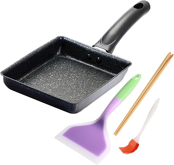 Tamagoyaki Pan Set 5.9x7 Inches Pan & Silicone Brush,Chopsticks,Spetula