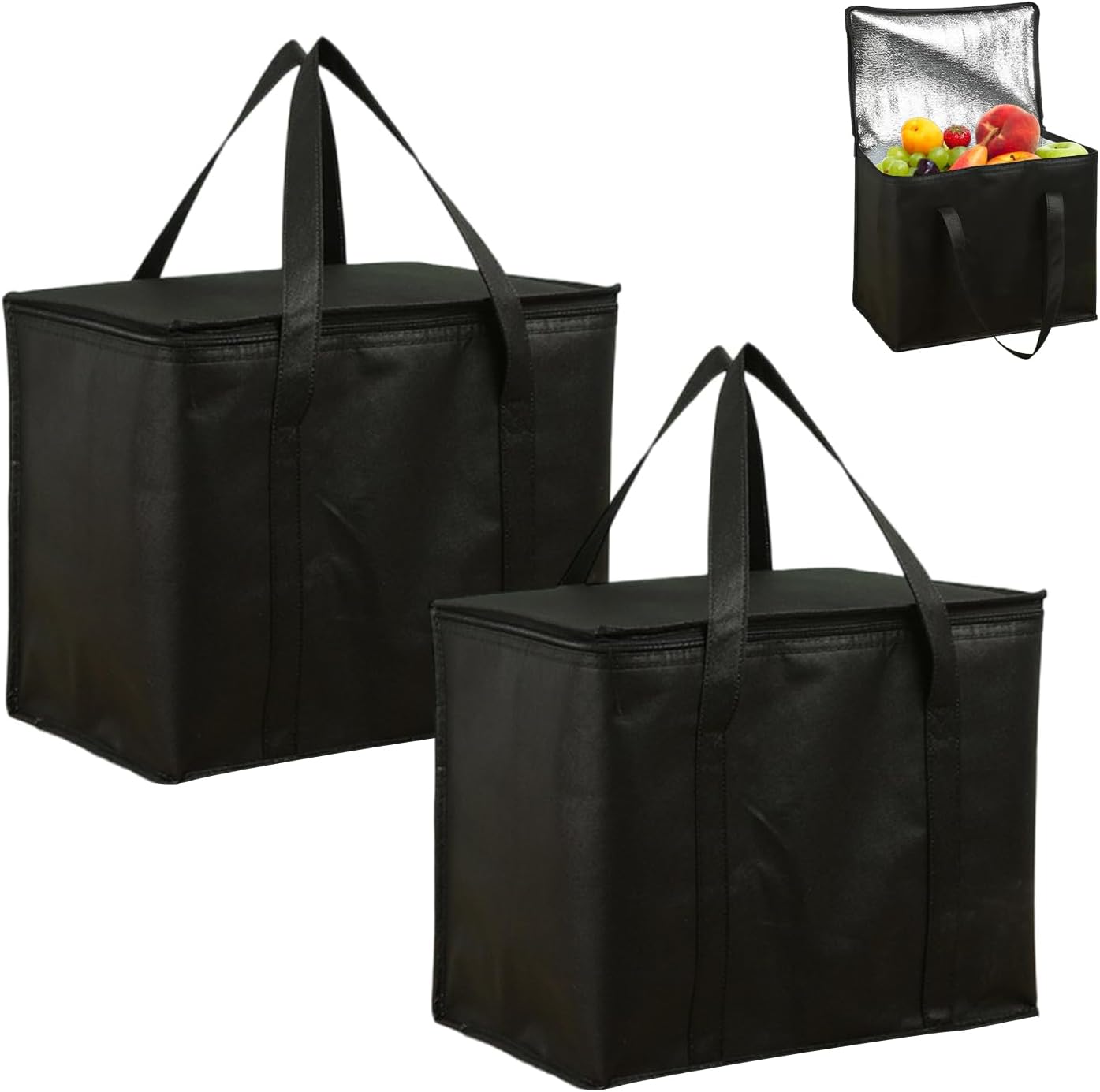 Cool Bag, 2 Pack Medium Insulated Bag, Reusable Food Delivery Bag, Foldable Picnic Cool Bag with Handles for Picnic Beach Travel Camping BBQ 30×25×25CM Black