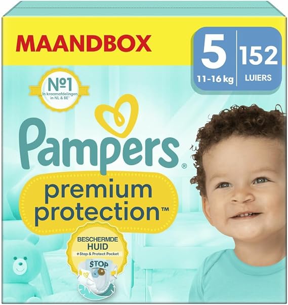 Pampers Baby Nappies Size 5 (11-16 kg) Premium Protection, Junior, Monthly Box, Best Comfort and Protection for Sensitive Skin, Pack of 152
