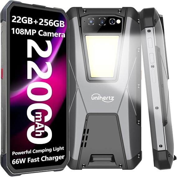 Unihertz Tank 4G Unlocked Rugged Smartphone with 1200LM Camping Light, IP68 Waterproof Outdoor Smartphone with 22GB+256GB,108MP Camera,22000mAh Battery,Andriod 12,FHD 6.81",66W Fast Charger,OTG/NFC