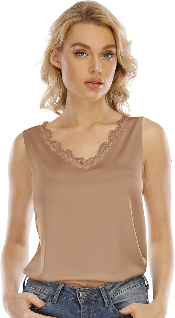 Women's Silk V Neck Camisole Lace Racerback Tank Tops Casual Loose Sleeveless Blouse Shirts