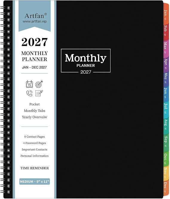 Artfan 2027 Monthly Planner - JAN. 2027 - DEC. 2027, 2027 Planner with Colorful Tabs & Pockets, 9" x 11", Monthly Calendar 2027 for Home School Office Organization - Polypropylene Black