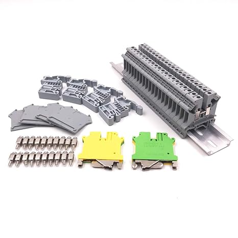 Erayco DIN Rail Terminal Blocks Kit, 20Pcs UK5N 10 AWG Terminal Blocks, 2Pcs Ground Blocks, 2Pcs Terminal Fixed Bridge Jumpers, 4Pcs E/UK End Brackets, 2Pcs D-UK3/10 End Covers, 1Pcs 8" Aluminum RoHS